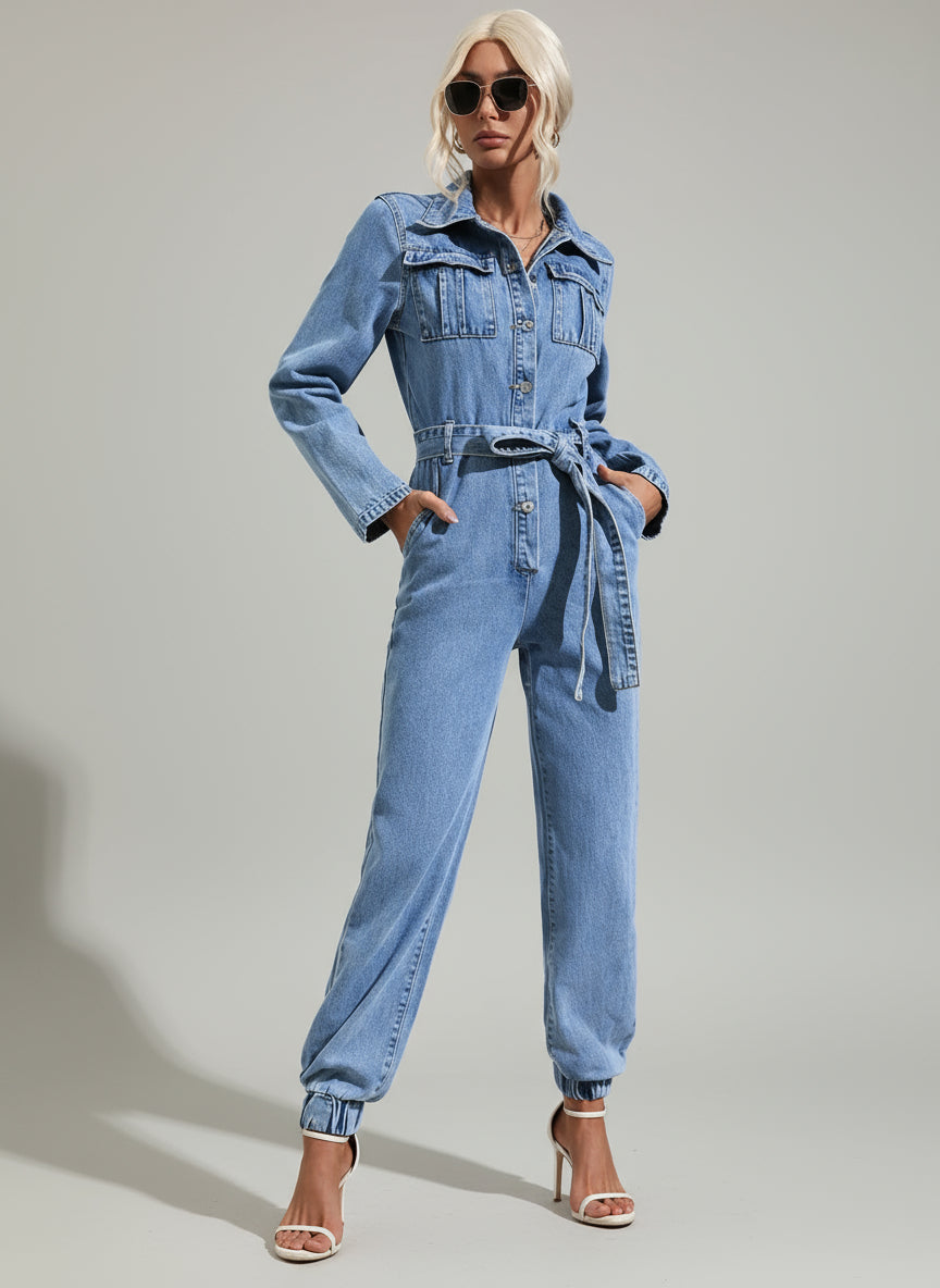 Side view of women’s long sleeve denim jumpsuit