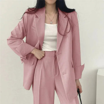 Solid Color Blazer and Straight-Leg Pants Set