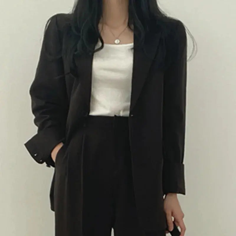 Solid Color Blazer and Straight-Leg Pants Set