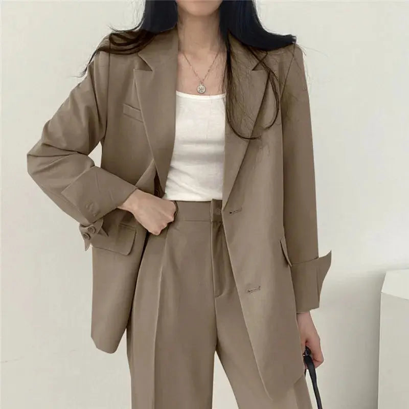 Solid Color Blazer and Straight-Leg Pants Set