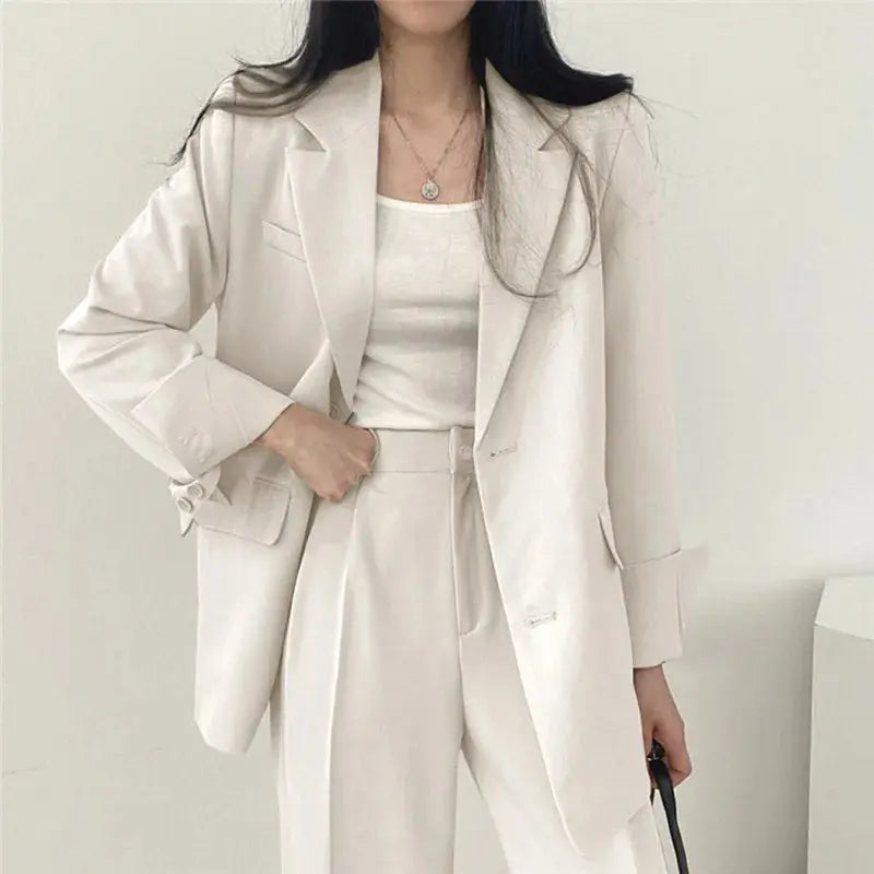 Solid Color Blazer and Straight-Leg Pants Set