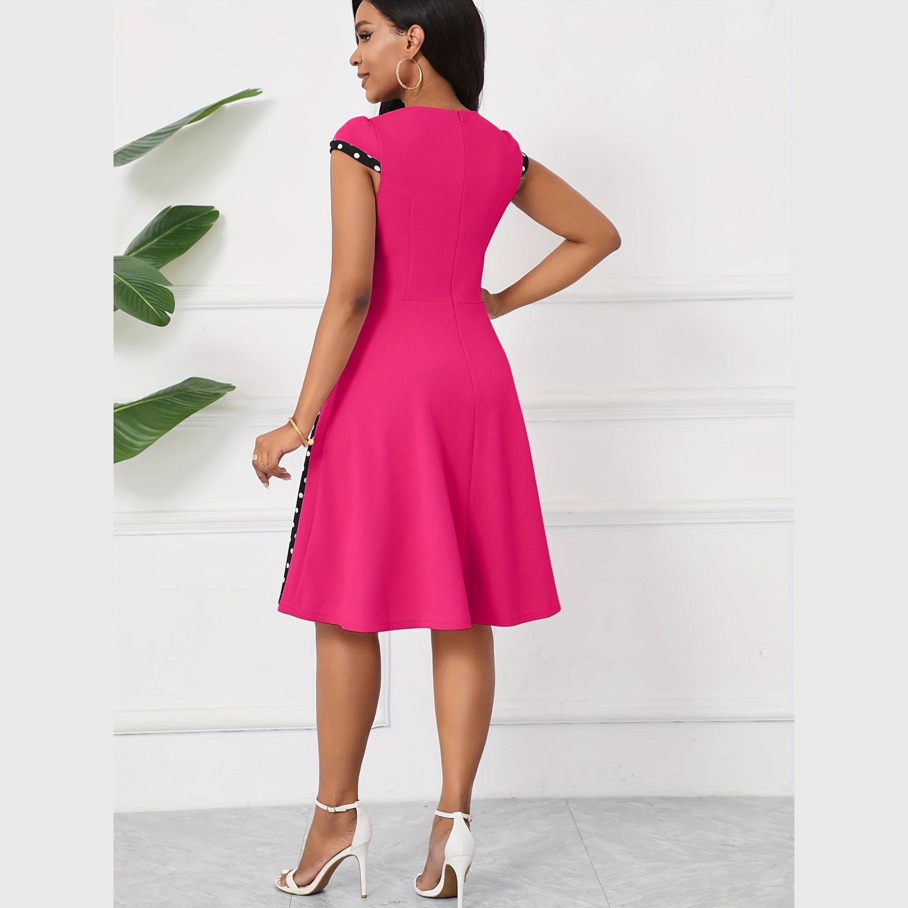 Women’s Polka Dot A-Line Dress – Square Neck with Decorative Buttons