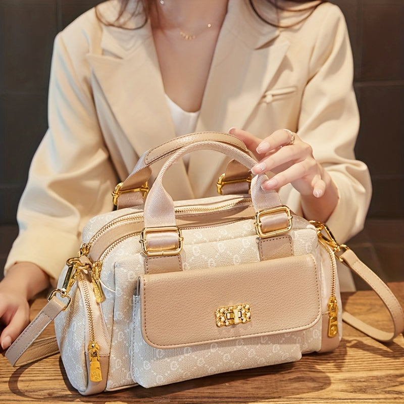 Apricot Polka Dot Boston Bag - Stylish Multi-Compartment Shoulder & Handbag