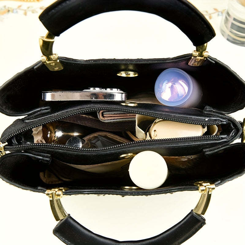 Green Crocodile-Embossed Handbag - Elegant Shoulder Purse with Detachable Strap and Chain Detail