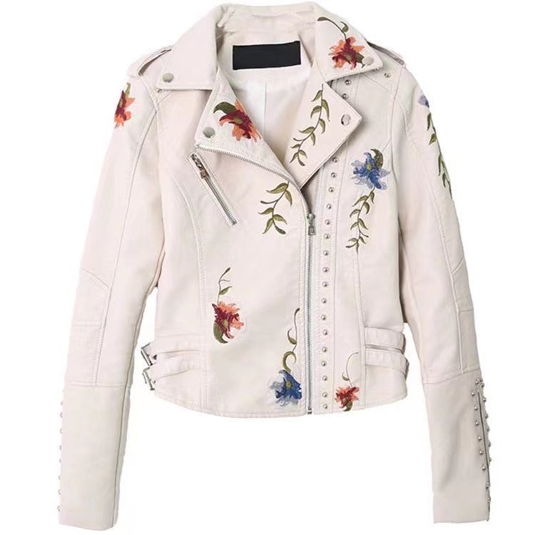 Embroidered Rivet Leather Jacket - Premium Women's Biker Jacket