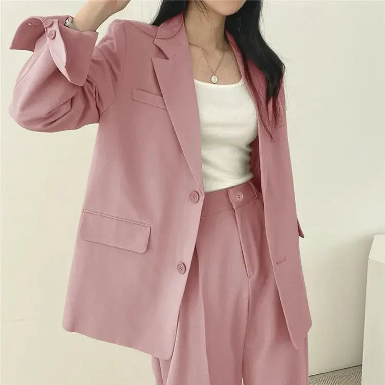 Solid Color Blazer and Straight-Leg Pants Set