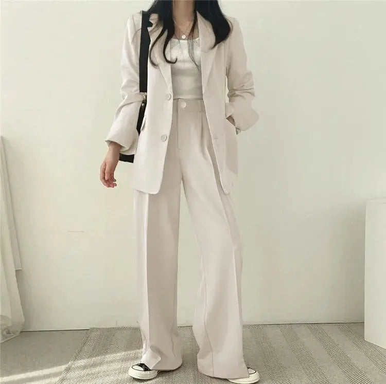 Solid Color Blazer and Straight-Leg Pants Set