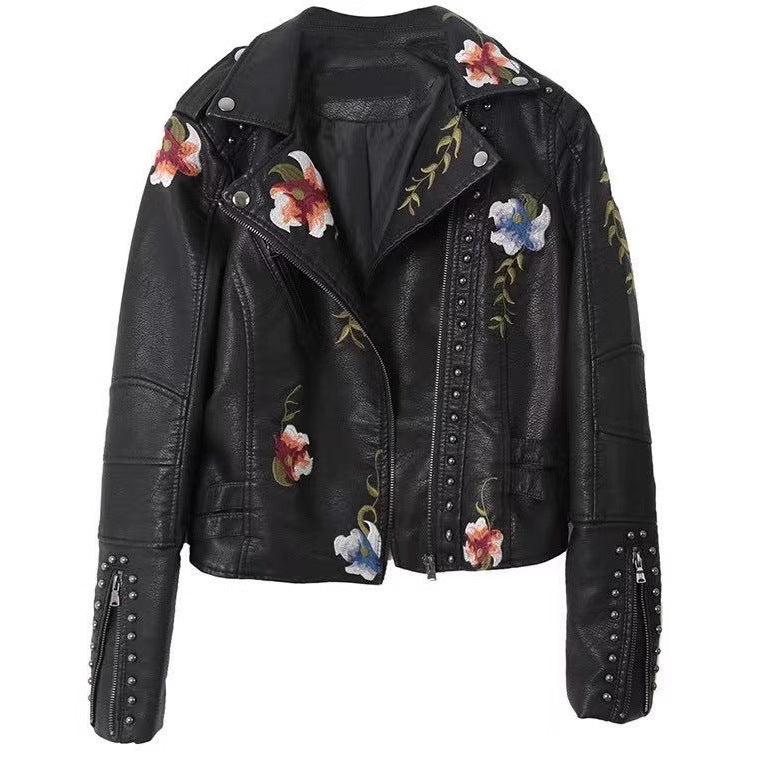 Embroidered Rivet Leather Jacket - Premium Women's Biker Jacket