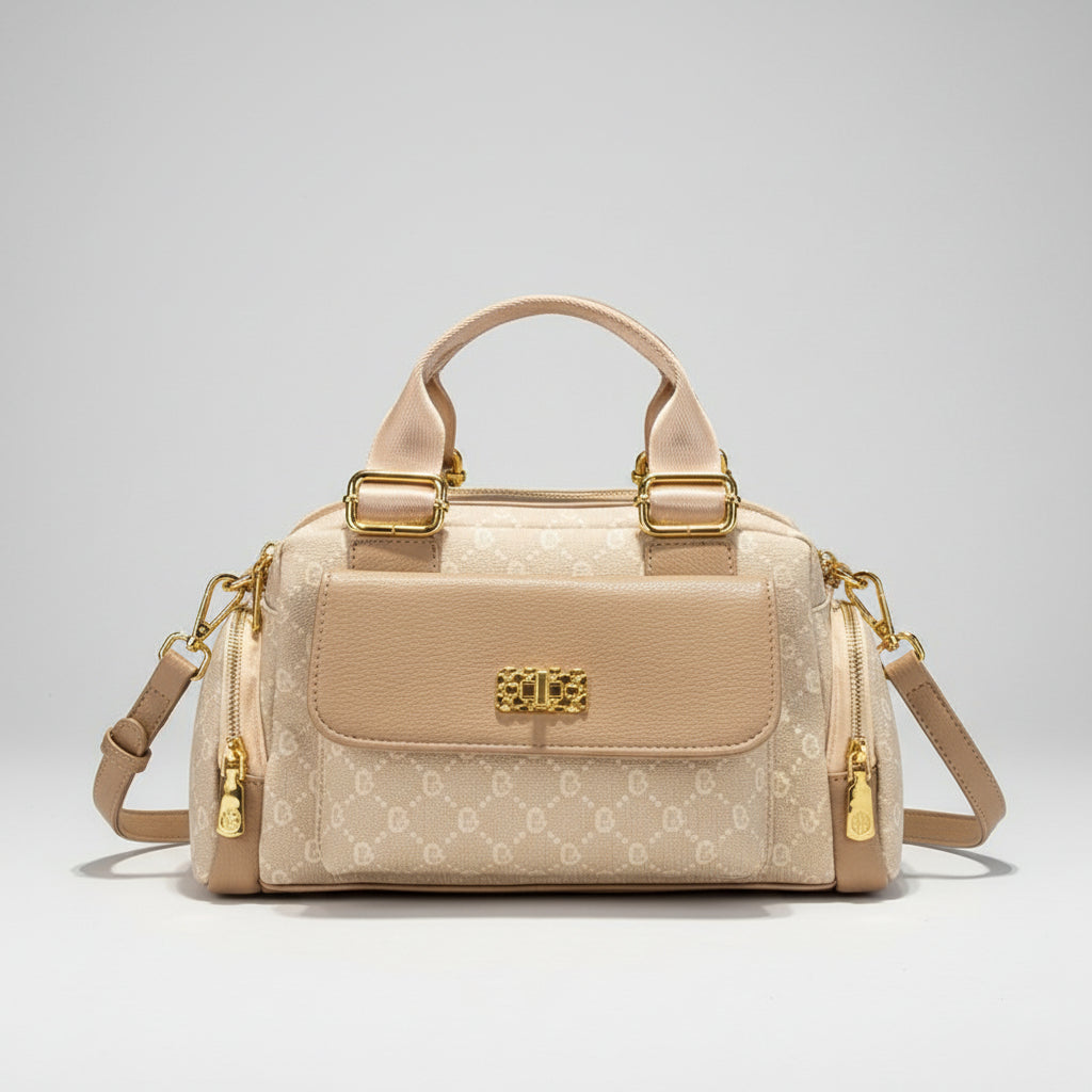 Apricot Polka Dot Boston Bag - Stylish Multi-Compartment Shoulder & Handbag