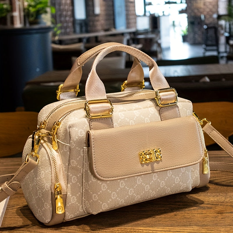 Apricot Polka Dot Boston Bag - Stylish Multi-Compartment Shoulder & Handbag