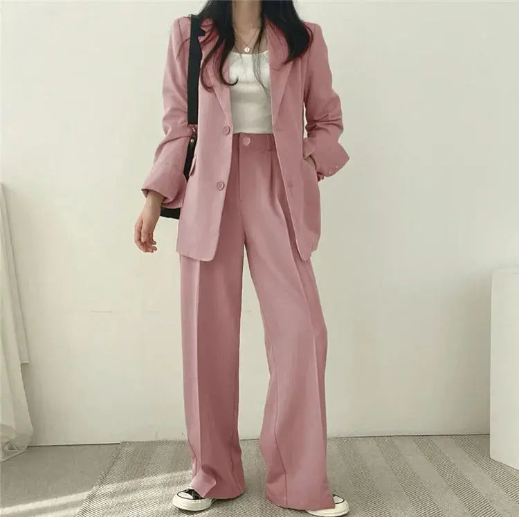 Solid Color Blazer and Straight-Leg Pants Set