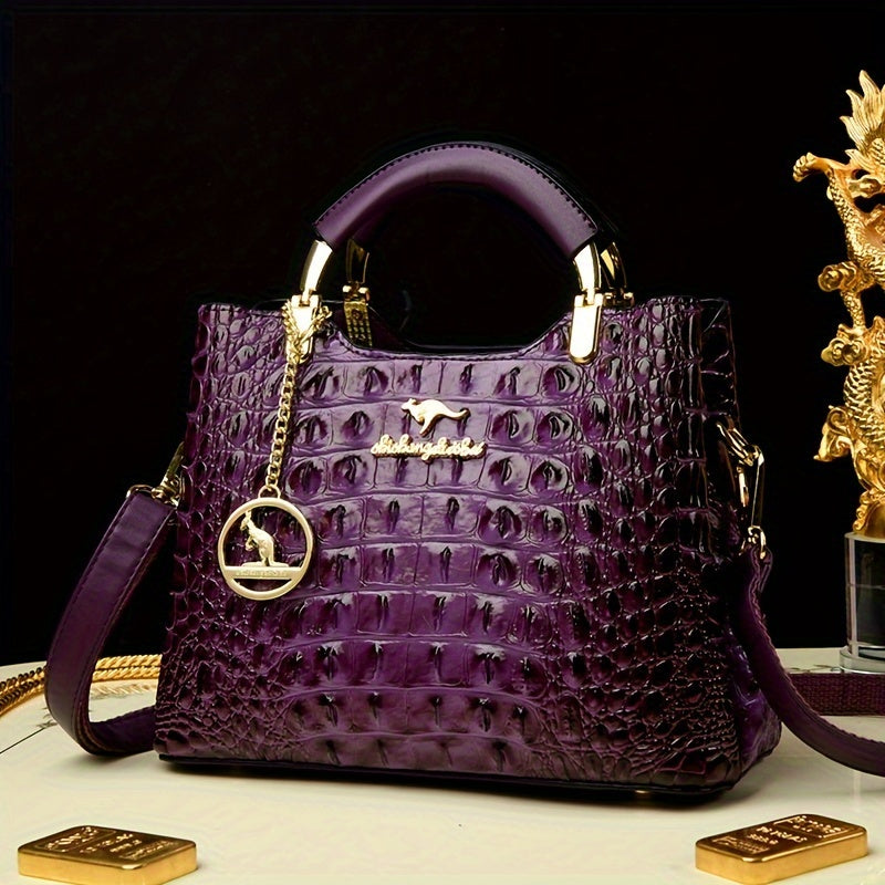 Green Crocodile-Embossed Handbag - Elegant Shoulder Purse with Detachable Strap and Chain Detail