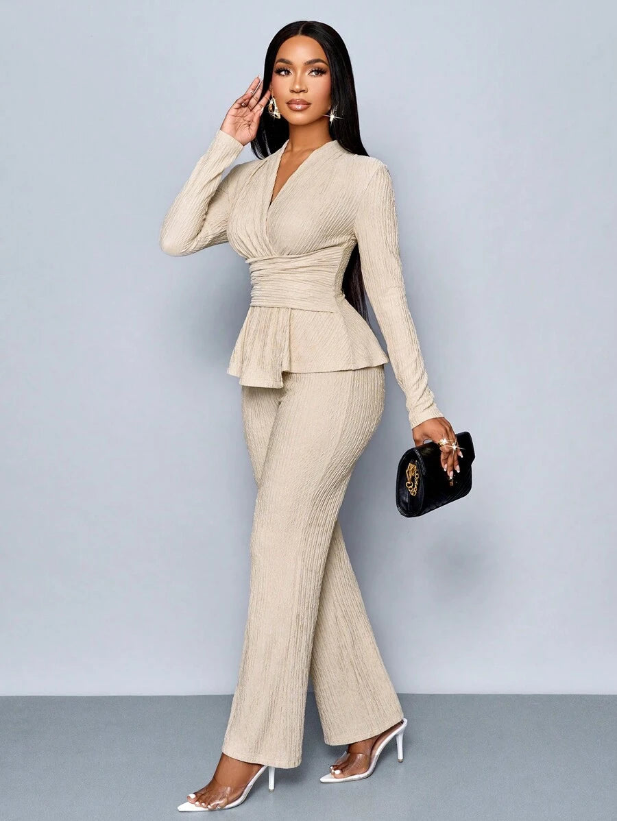 Women’s V-Neck Long Sleeve Top and Wide Leg Pants Set