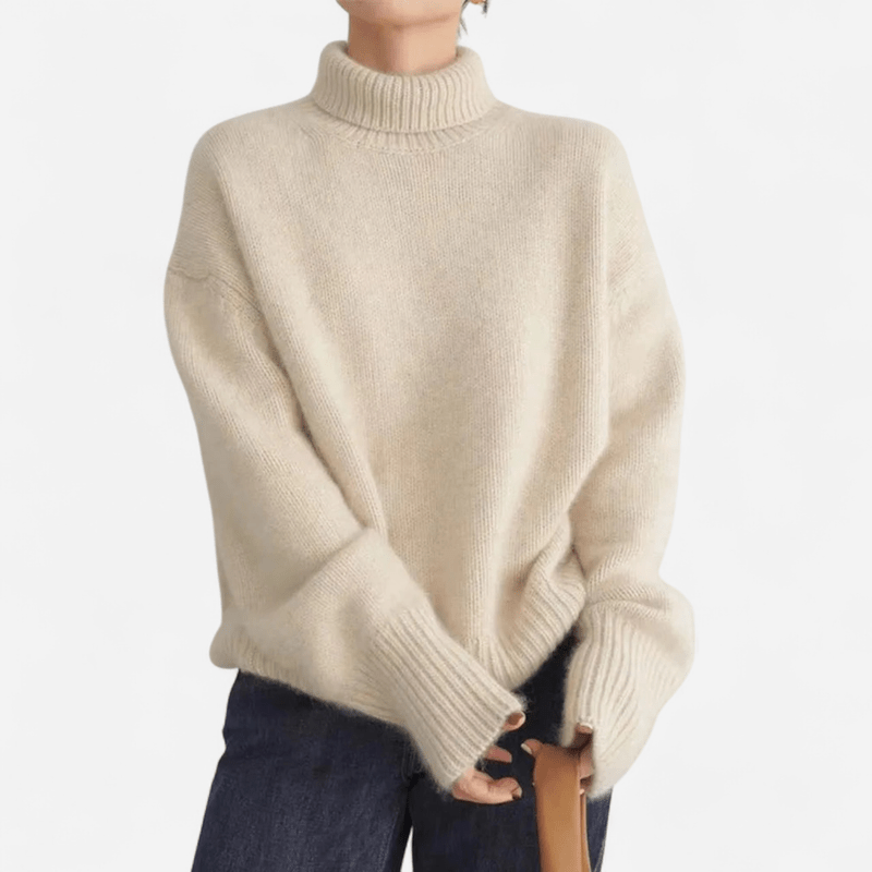 front view of women’s cashmere turtleneck – luxury winter jumper