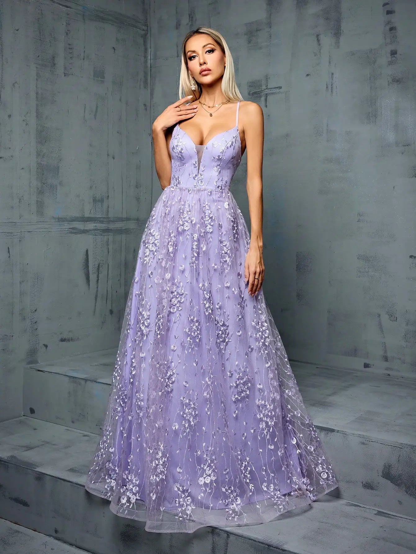 Lavender Embroidered Tulle Gown – Spaghetti Strap Prom Dress