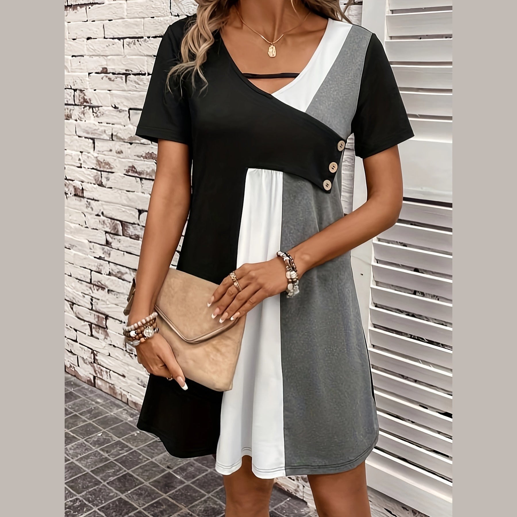 Women’s V-Neck Colour-Block Button Dress – Short Sleeve