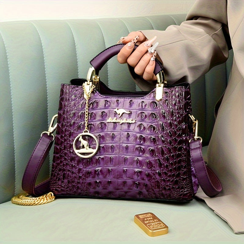 Green Crocodile-Embossed Handbag - Elegant Shoulder Purse with Detachable Strap and Chain Detail