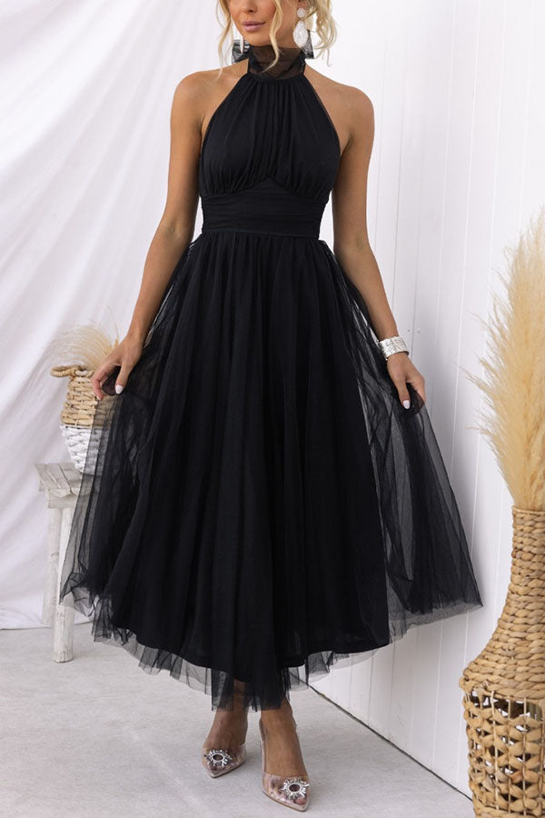 Halterneck A-Line Tulle Midi Dress with Veil Collar
