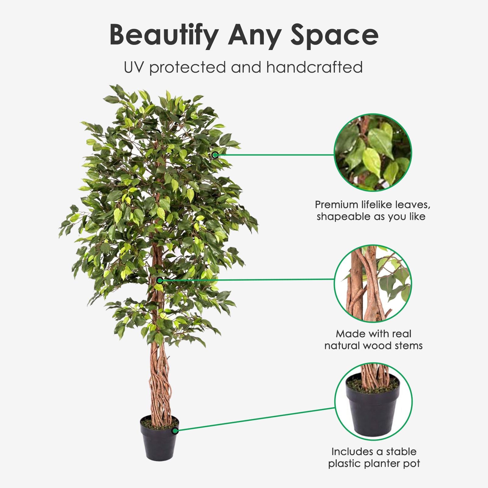 Artificial Ficus Tree - Large Realistic Faux Plant with Pot 4ft & 6ft