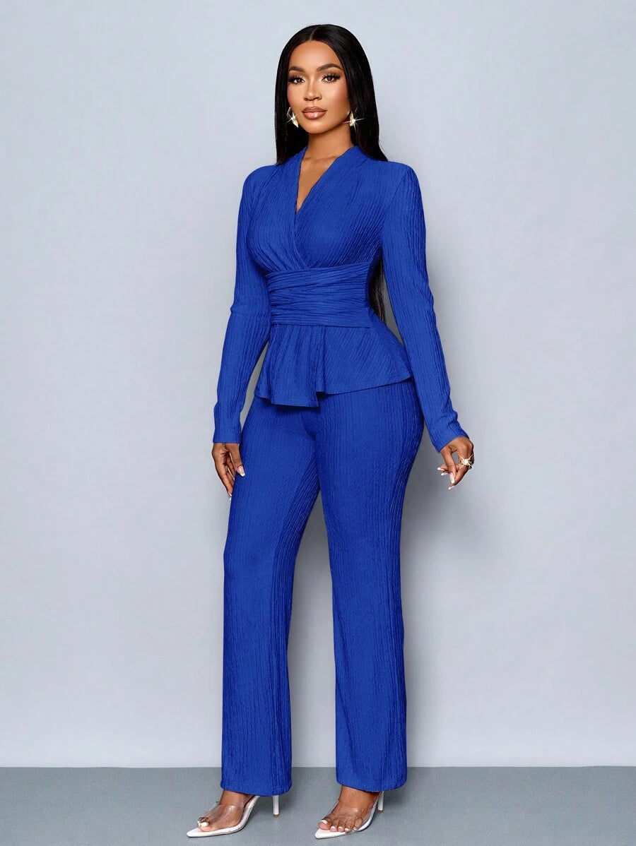 Women’s V-Neck Long Sleeve Top and Wide Leg Pants Set