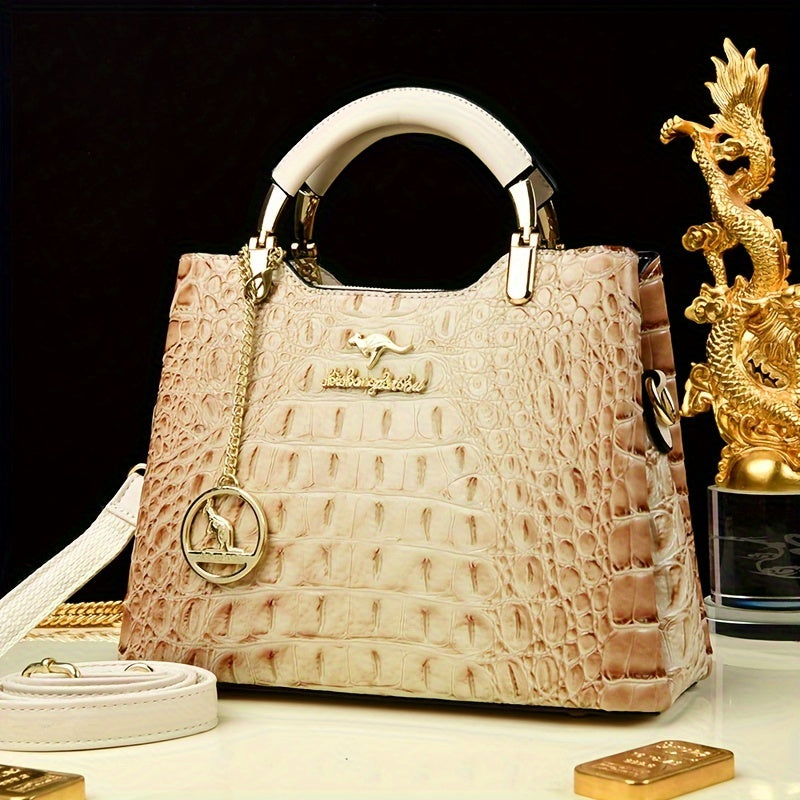 Green Crocodile-Embossed Handbag - Elegant Shoulder Purse with Detachable Strap and Chain Detail