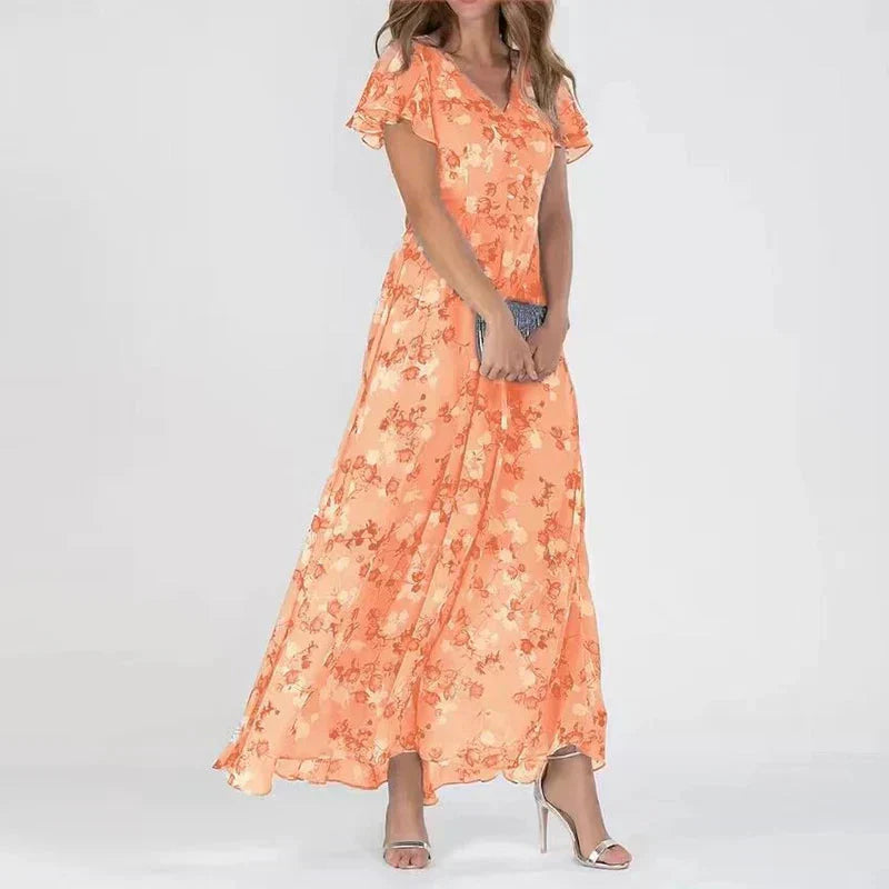 Floral Print V-Neck Maxi Dress with Butterfly Sleeves