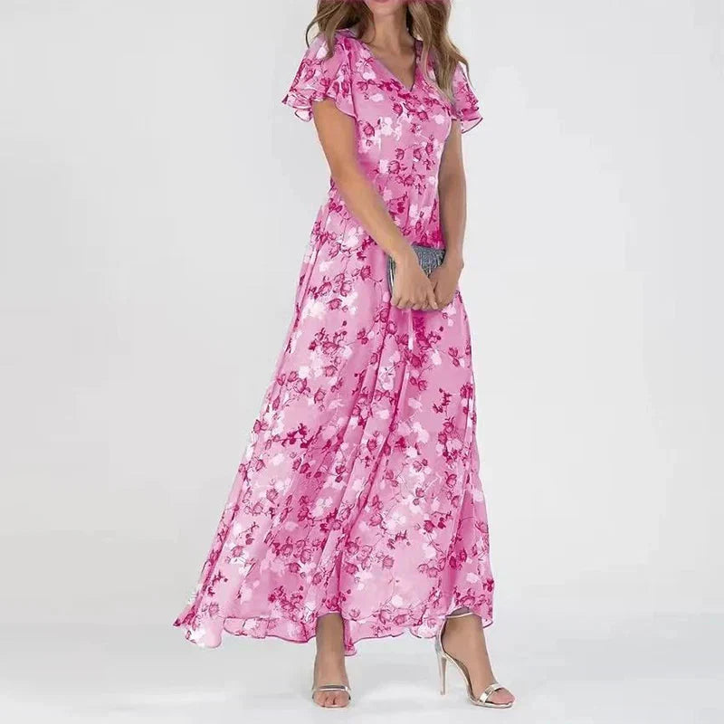 Floral Print V-Neck Maxi Dress with Butterfly Sleeves