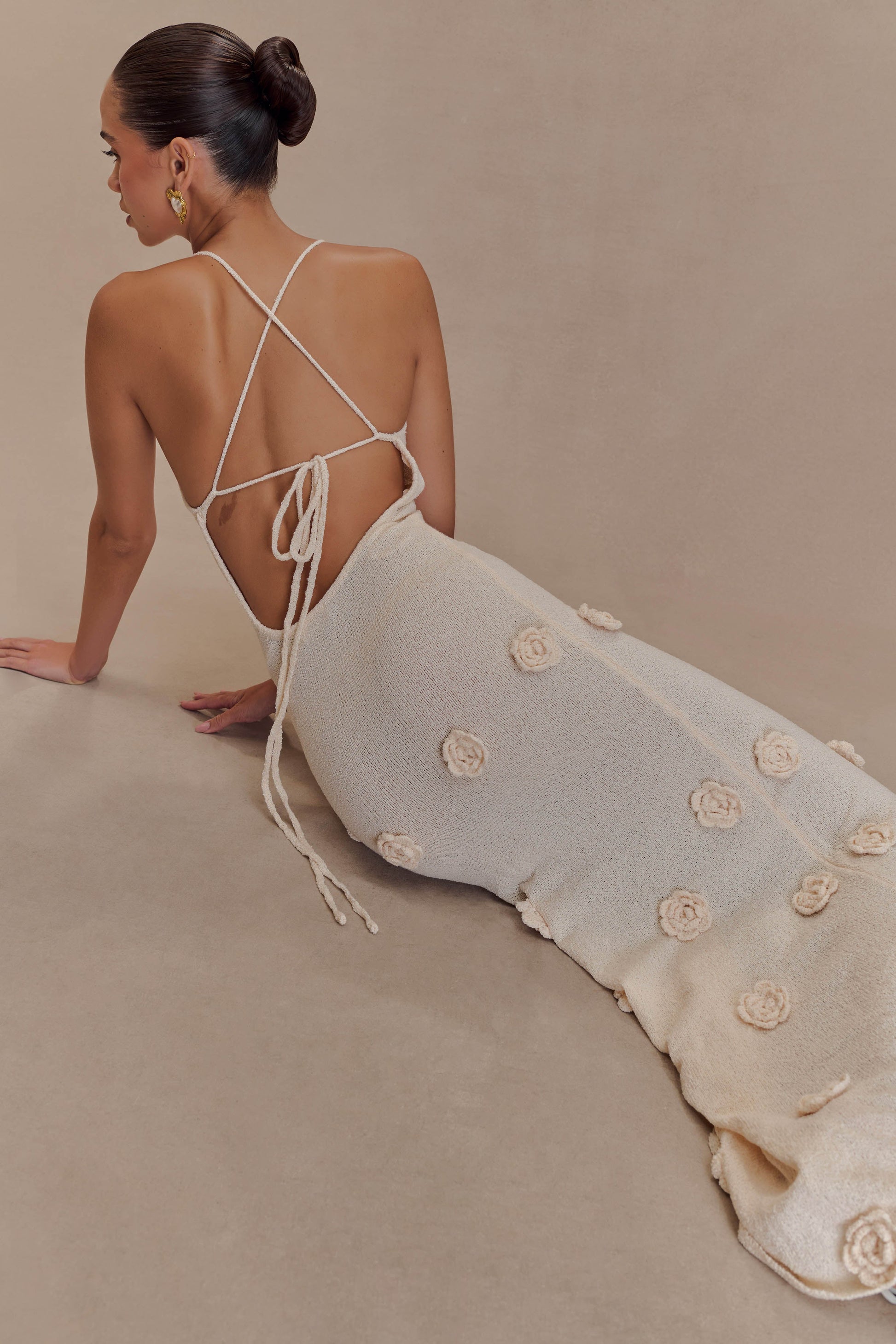 Women’s Knit Crochet Maxi Dress – V Neck, Sleeveless, Floral Appliqué