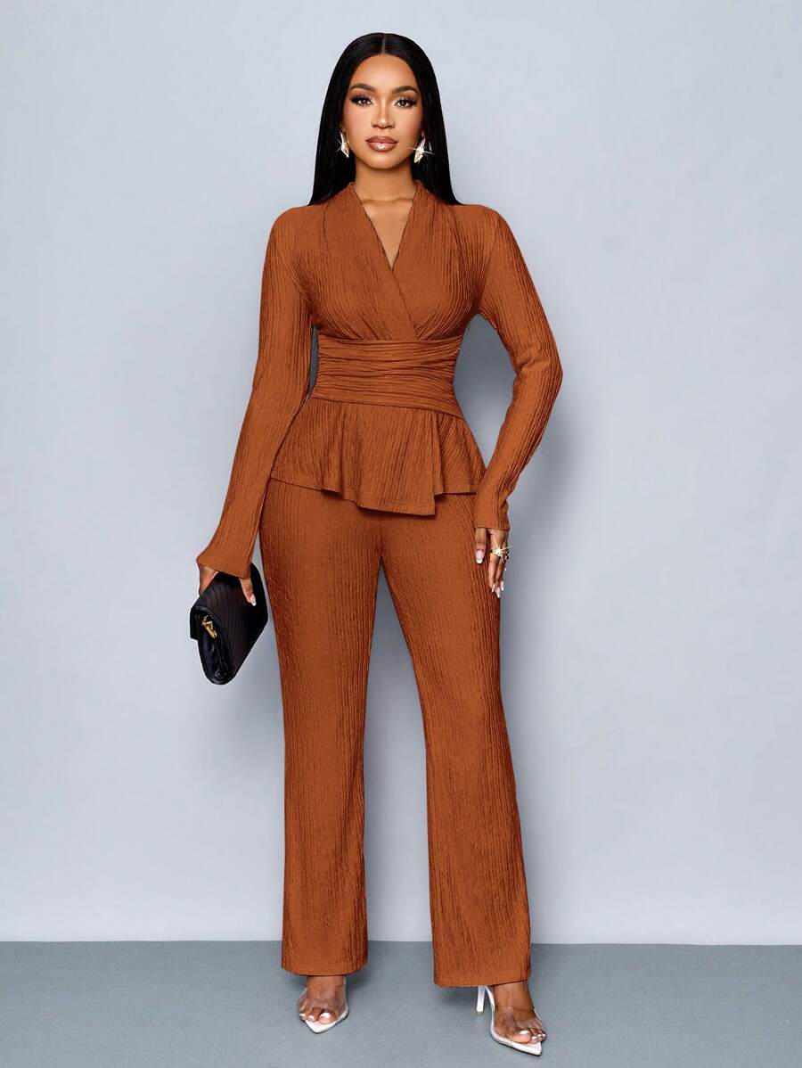 Women’s V-Neck Long Sleeve Top and Wide Leg Pants Set