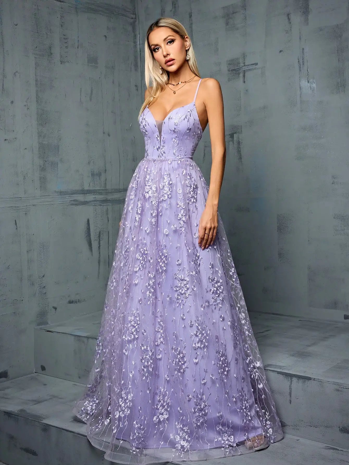 Lavender Embroidered Tulle Gown – Spaghetti Strap Prom Dress