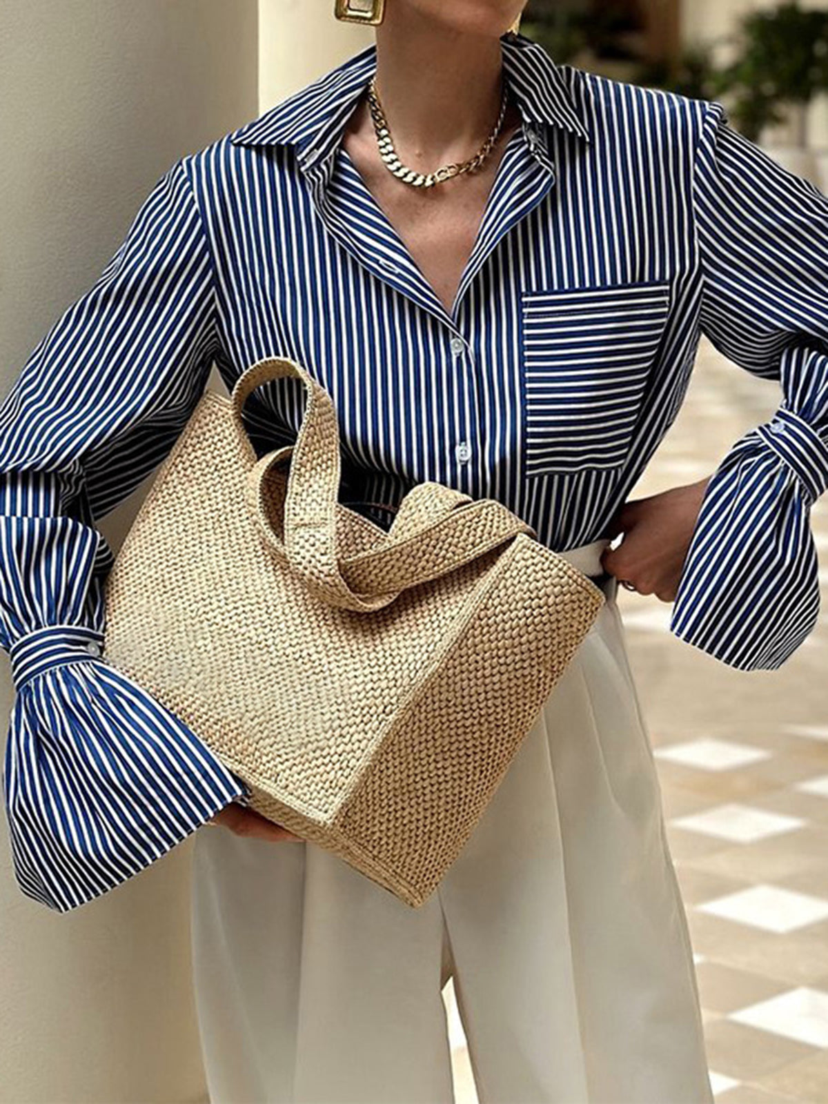 Navy Striped Blouse with Flared Sleeves