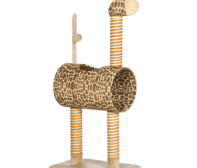 Giraffe-shaped cat tree with tunnel and toy

