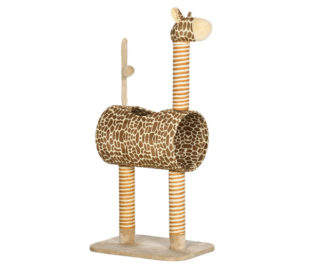 Giraffe-shaped cat tree with tunnel and toy

