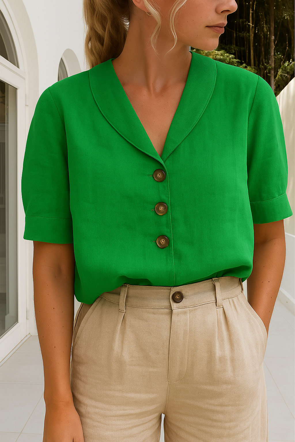 Short Sleeve Linen Blouse with Button Placket
