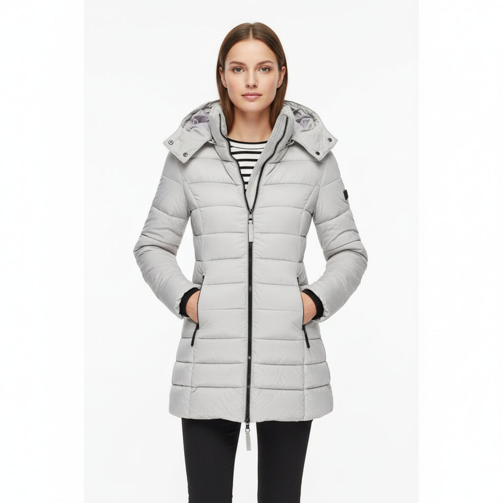 Gray quilted jacket with a hood 