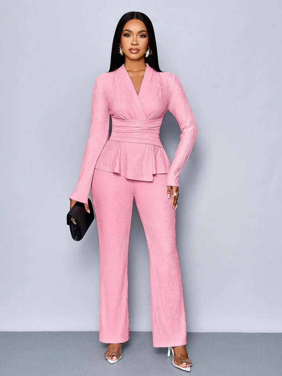 Women’s V-Neck Long Sleeve Top and Wide Leg Pants Set