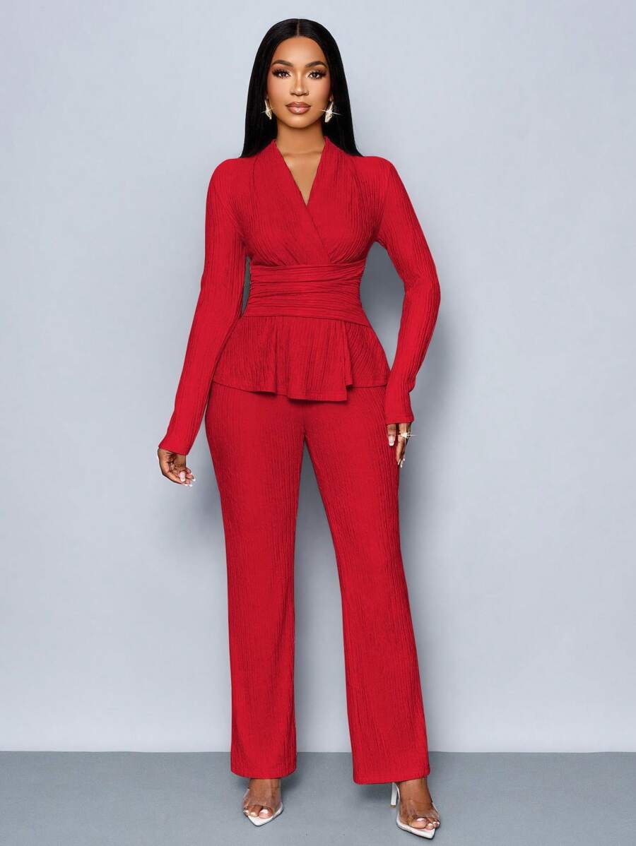 Women’s V-Neck Long Sleeve Top and Wide Leg Pants Set