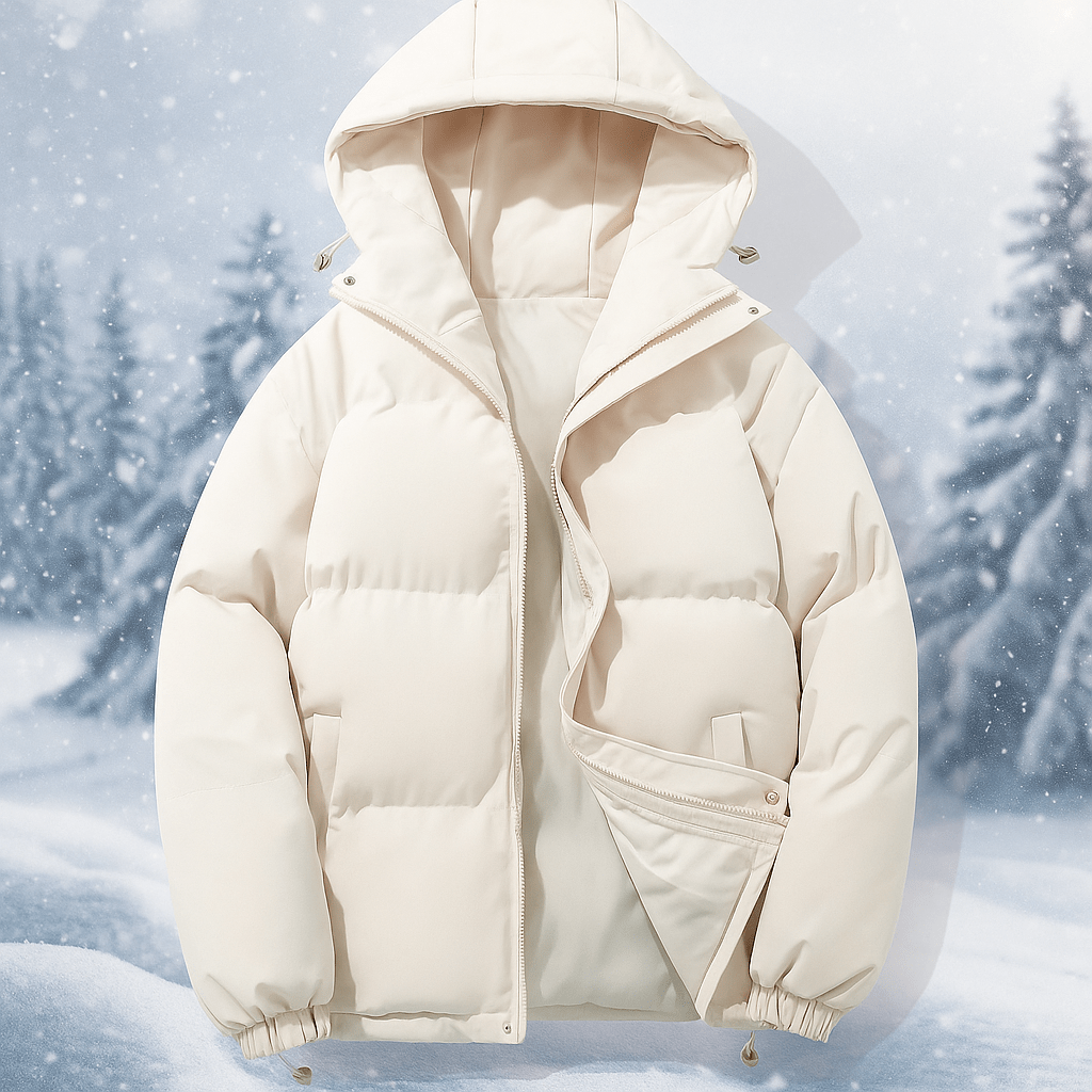 White puffer jacket against a snowy background