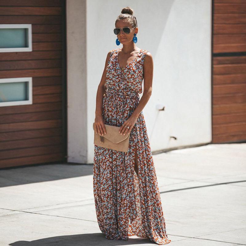 Floral Print Sleeveless Maxi Dress with Slit