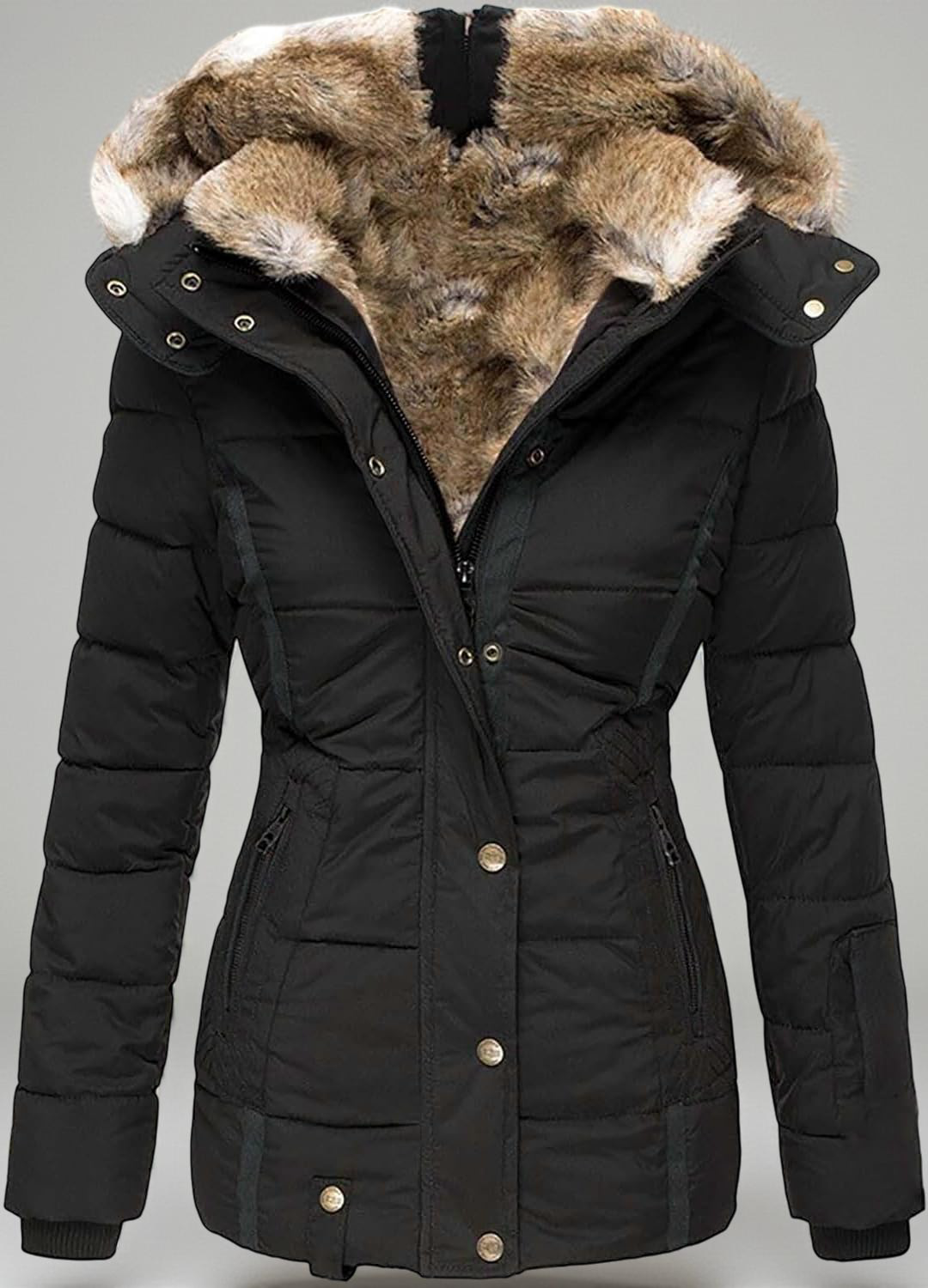 Women’s Hooded Puffer Coat with Faux Fur Lining – Quilted Winter Jacket