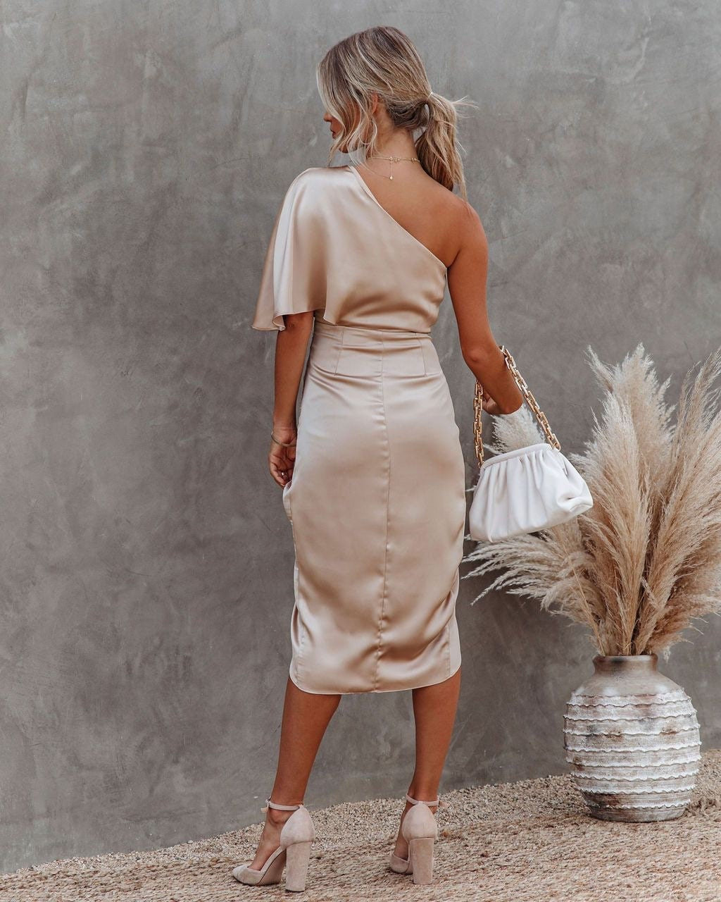 One-Shoulder Satin Midi Dress with Slit