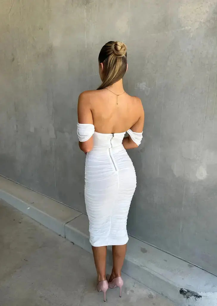 Off-Shoulder White Bodycon Midi Dress with Ruffles