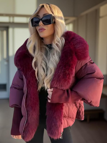 Women's Hooded Puffer Coat with Faux Fur Trim - Red and Brown Winter Jacket