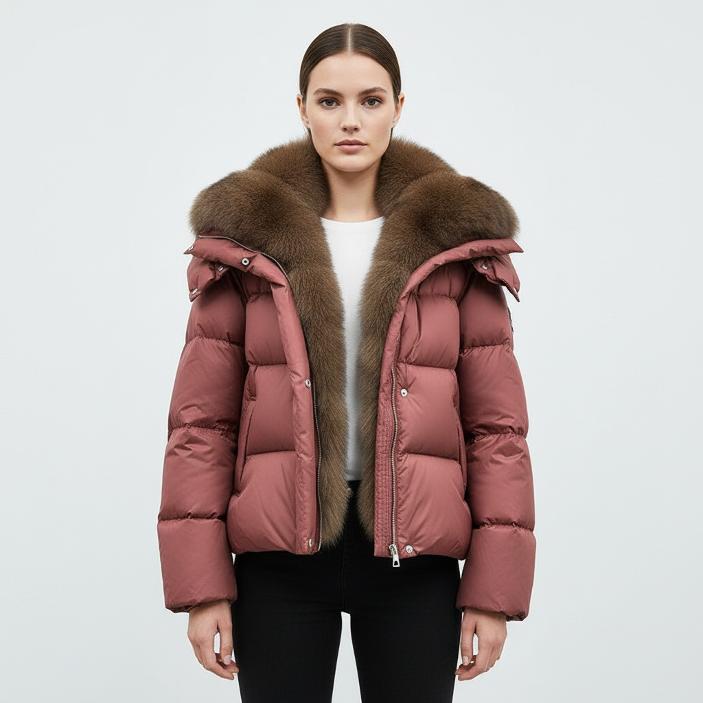 Luxury mauve puffer jacket with oversized fur collar - front view on model