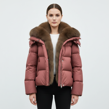 Luxury mauve puffer jacket with oversized fur collar - front view on model