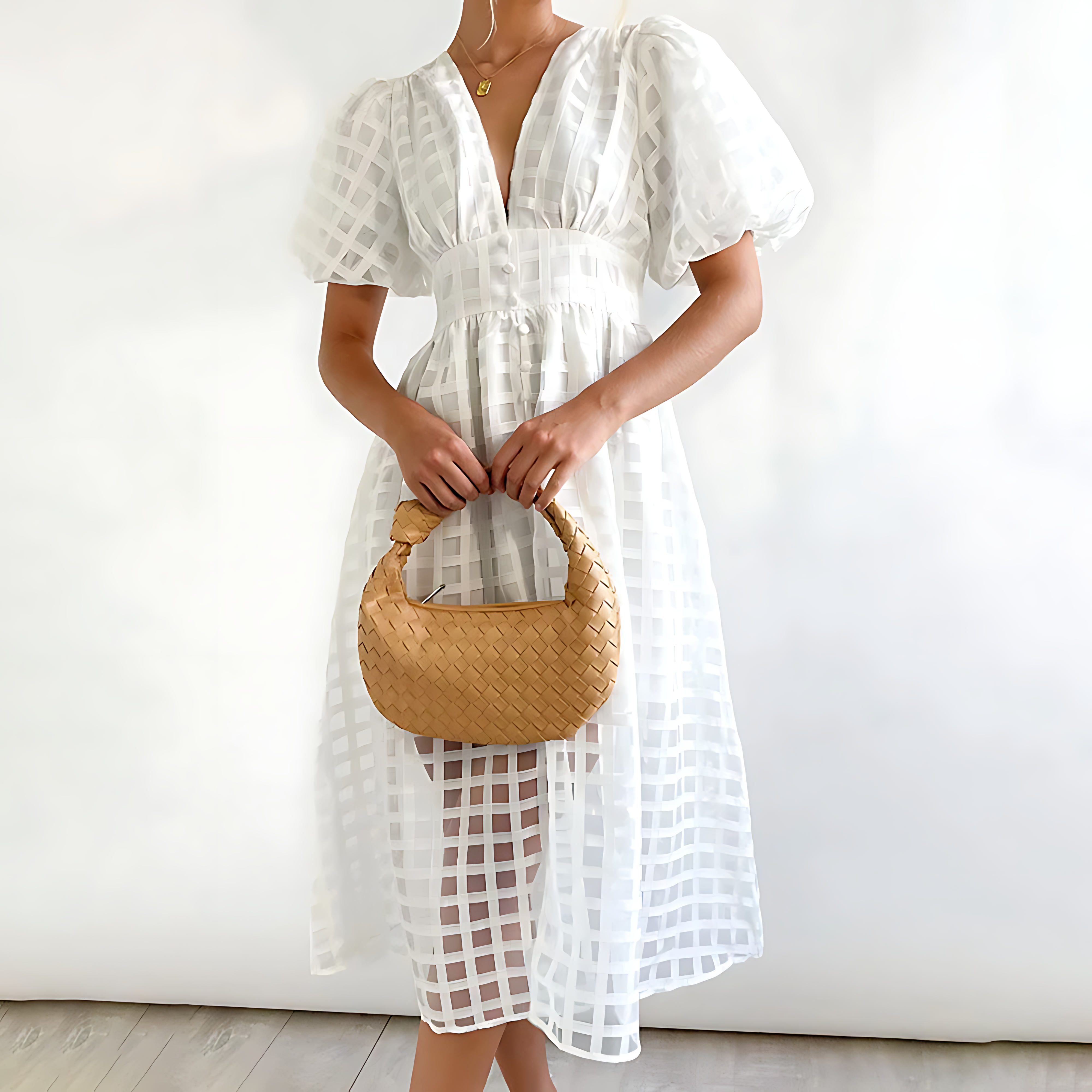 Check Pattern Midi Dress - Airy V-Neck Dress with Puff Sleeves