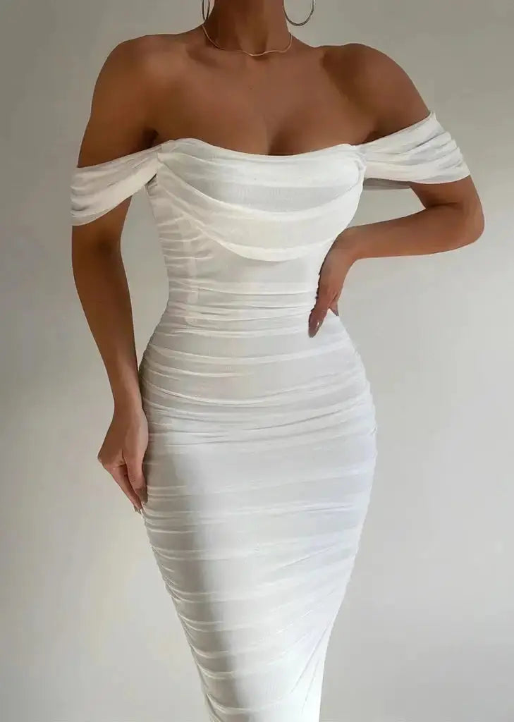 Off-Shoulder White Bodycon Midi Dress with Ruffles