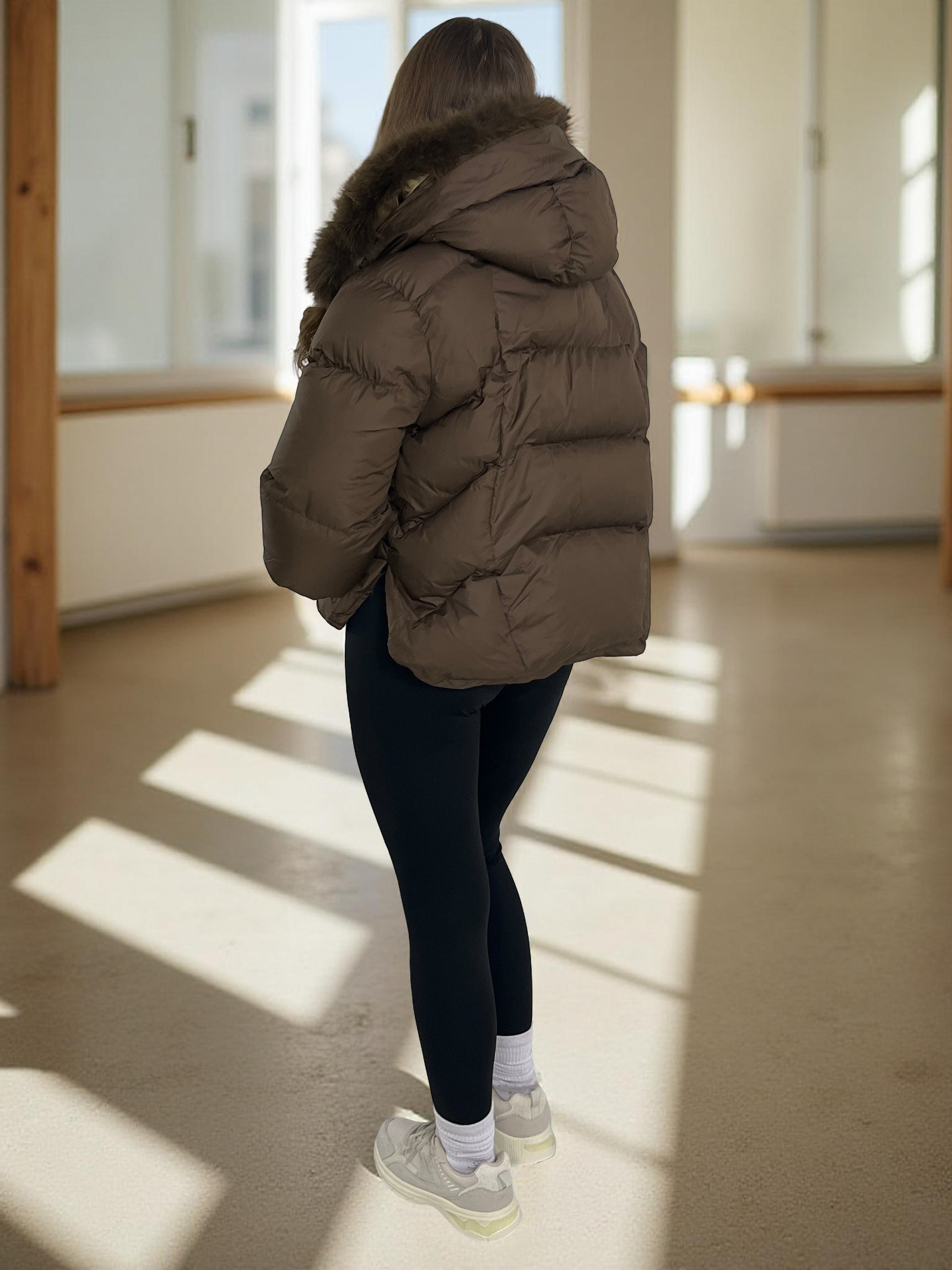 Women's Hooded Puffer Coat with Faux Fur Trim - Red and Brown Winter Jacket