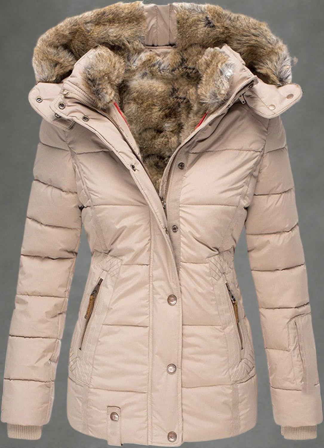 Women’s Hooded Puffer Coat with Faux Fur Lining – Quilted Winter Jacket