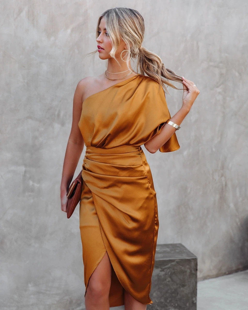 One-Shoulder Satin Midi Dress with Slit